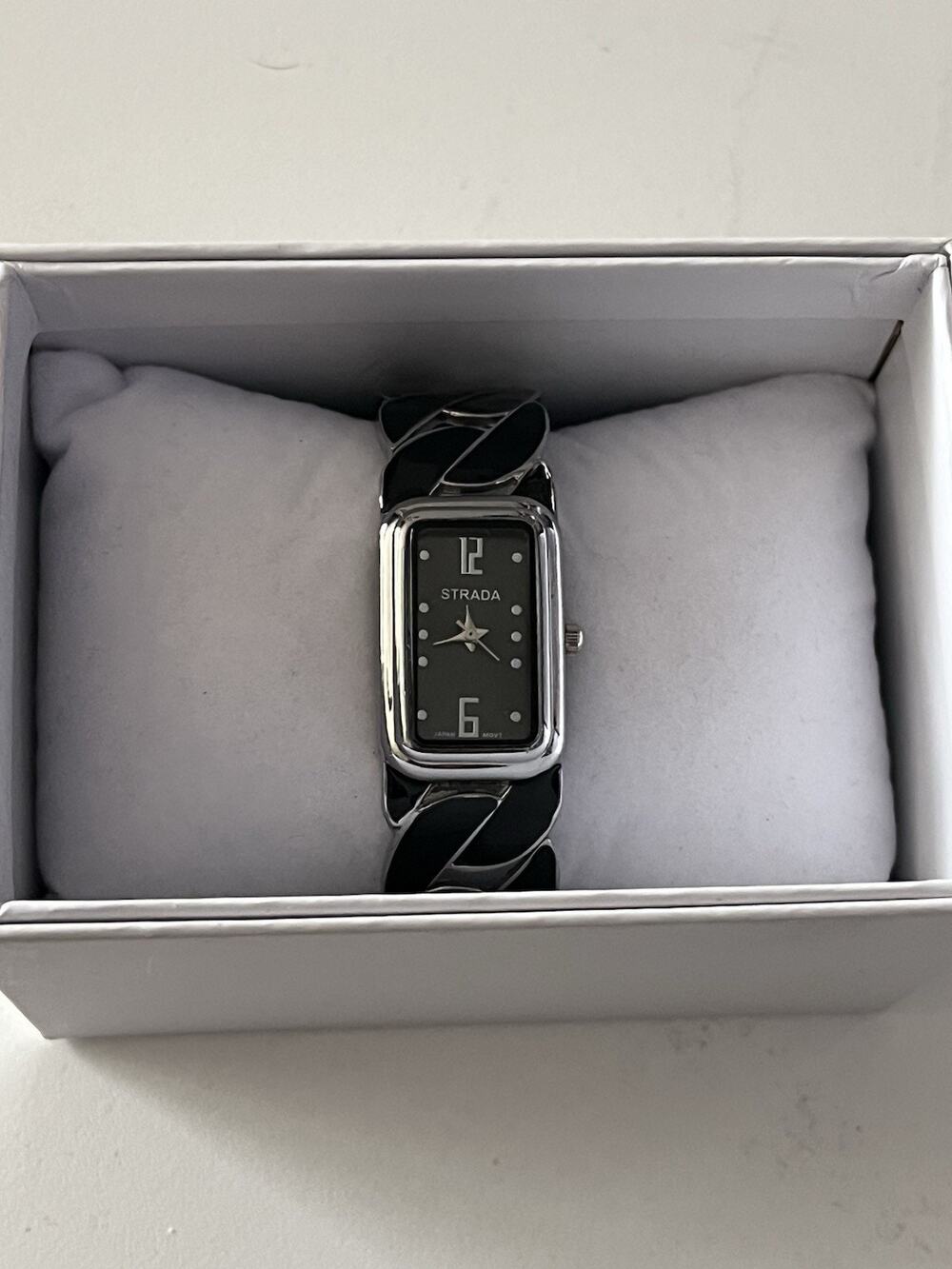 Strada Women’s Cuff Watch Silver Tone Bangle Black Dial Quartz New Battery